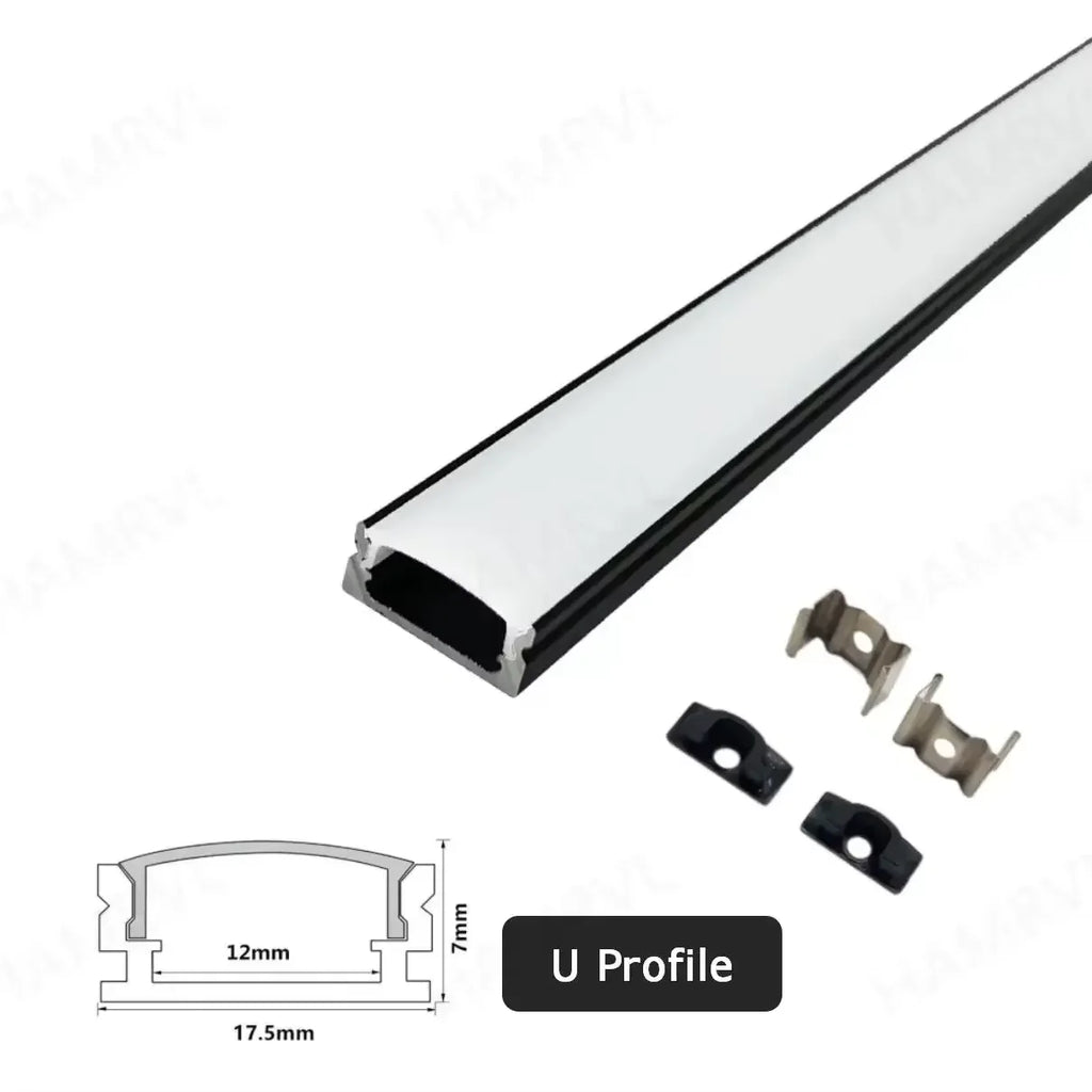 LED Aluminum Channel Profile 1m / 0.5m with Diffuser — Black/White/Clear Covers for 5050 & 5630 LED Strips, DC 12V, Warm/Natural/Cool White