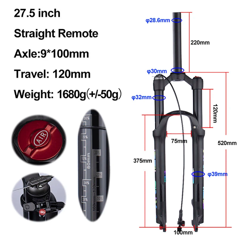 MTB Air Suspension Fork — 120mm Travel, Rebound Adjustable, 26/27.5/29 in, 9x100mm Quick Release, Disc Brake Compatible