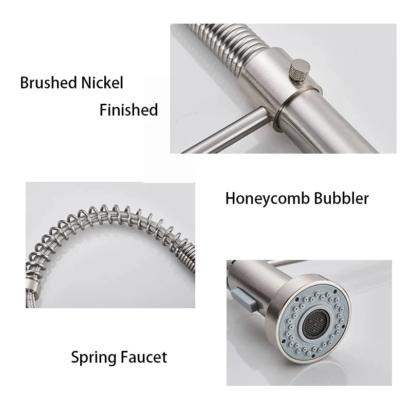 Brushed Nickel Pull-Out Kitchen Faucet — Deck-Mounted Single-Handle 360° Rotating Sprayer, Hot & Cold