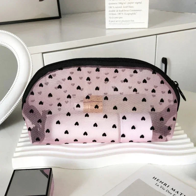 Heart-Shaped Mesh Cosmetic Bag - Zipper Toiletry Makeup Pouch for Women, Coin & Lipstick Organizer