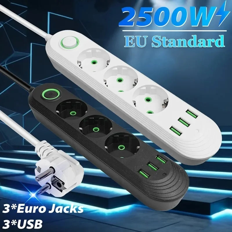 2500W EU Power Strip — 5-Outlet Extension Cord with 3 USB Ports, 2.0m (6.6ft) Cable, Overload Protection