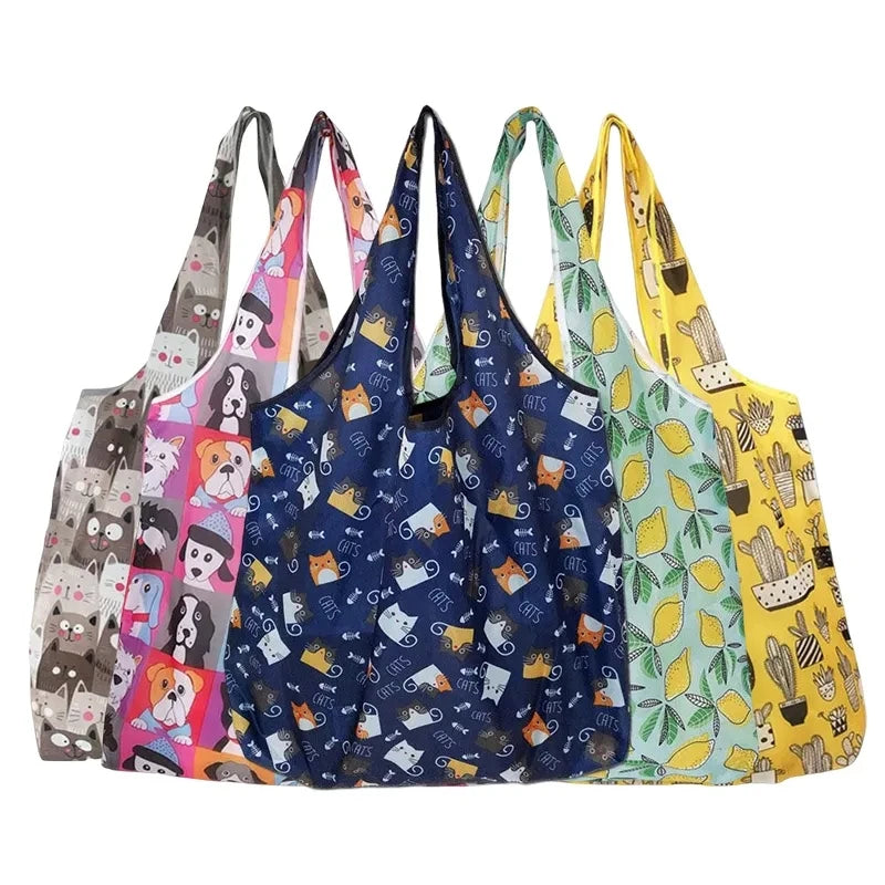 Foldable Reusable Grocery Tote Bag, Lemon Print Eco-Friendly Travel & Beach Pouch