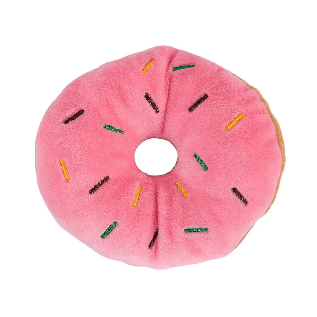 Plush Donut Chew Toy with Squeaker for Small & Medium Dogs - 4.3in (11 x 11 cm) Soft Fleece Puppy Toy