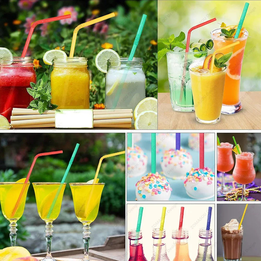Multicolor Flexible Plastic Drinking Straws — Reusable Cocktail & Boba Straws 8.3 in (21 cm) x 0.2 in (5 mm) — Packs 50–6000 for Parties & Weddings