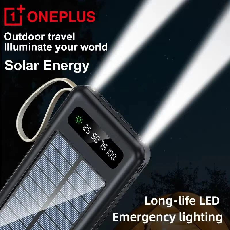 Solar Power Bank 50000mAh 120W Fast Charging Portable Power Bank with Solar Panel, 4 Built-In Cables, Dual USB & Phone Stand