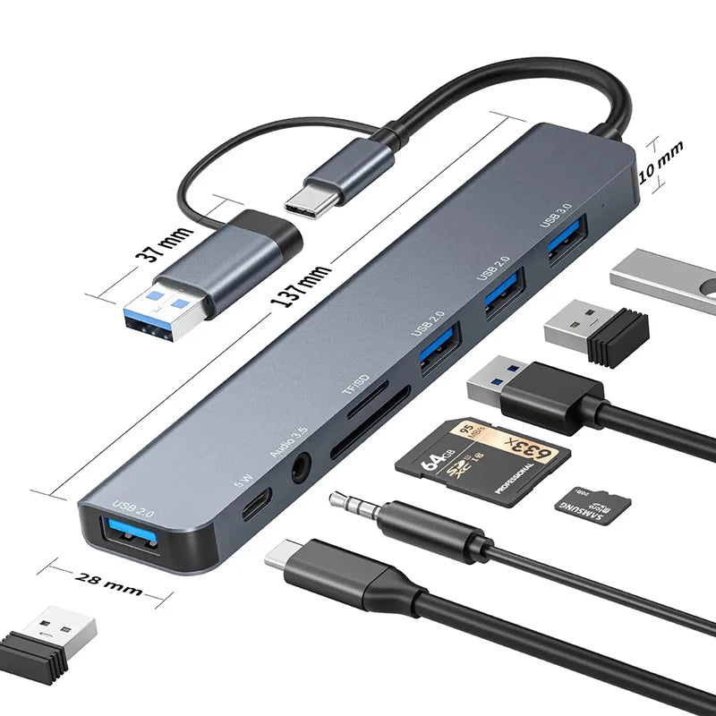 USB-C Hub 8-in-1 USB Splitter with SD/TF Card Reader, 3x USB Ports, USB-C & 3.5mm Audio — 15cm (5.9in) Cable, Compatible with MacBook & Laptops