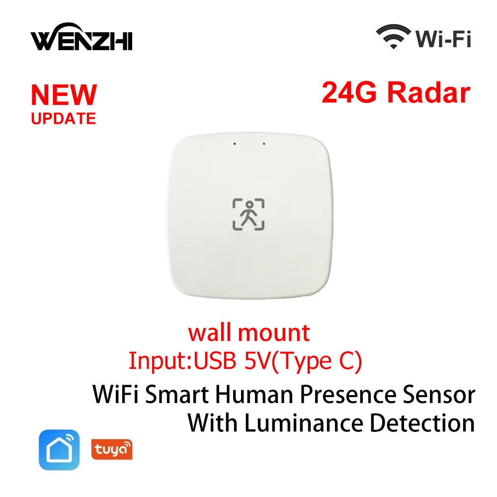 ZigBee WiFi mmWave Human Presence Motion Sensor with Luminance & Distance Detection, AC 80–240V / USB 5V Smart Home