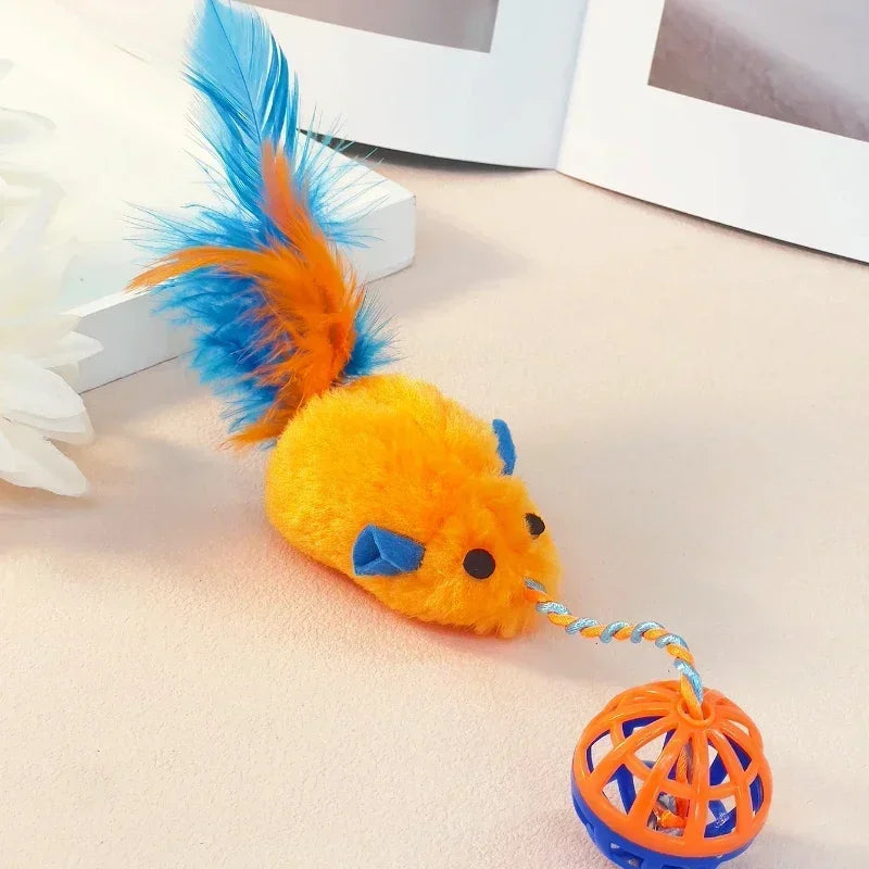 Feather Mouse Cat Toy with Bell and String, Squeak Ball Teaser 30 x 4 cm (11.8 x 1.6 in)
