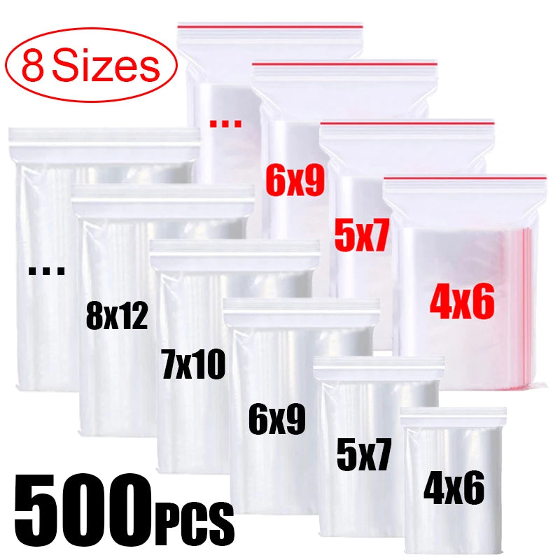 Clear Thick Resealable PE Bags – Reclosable Zip Storage Pouches for Jewelry, Food & Crafts (Sizes 4×6–12×18 cm / 1.6×2.4–4.7×7.1 in, 100–500 Pack)