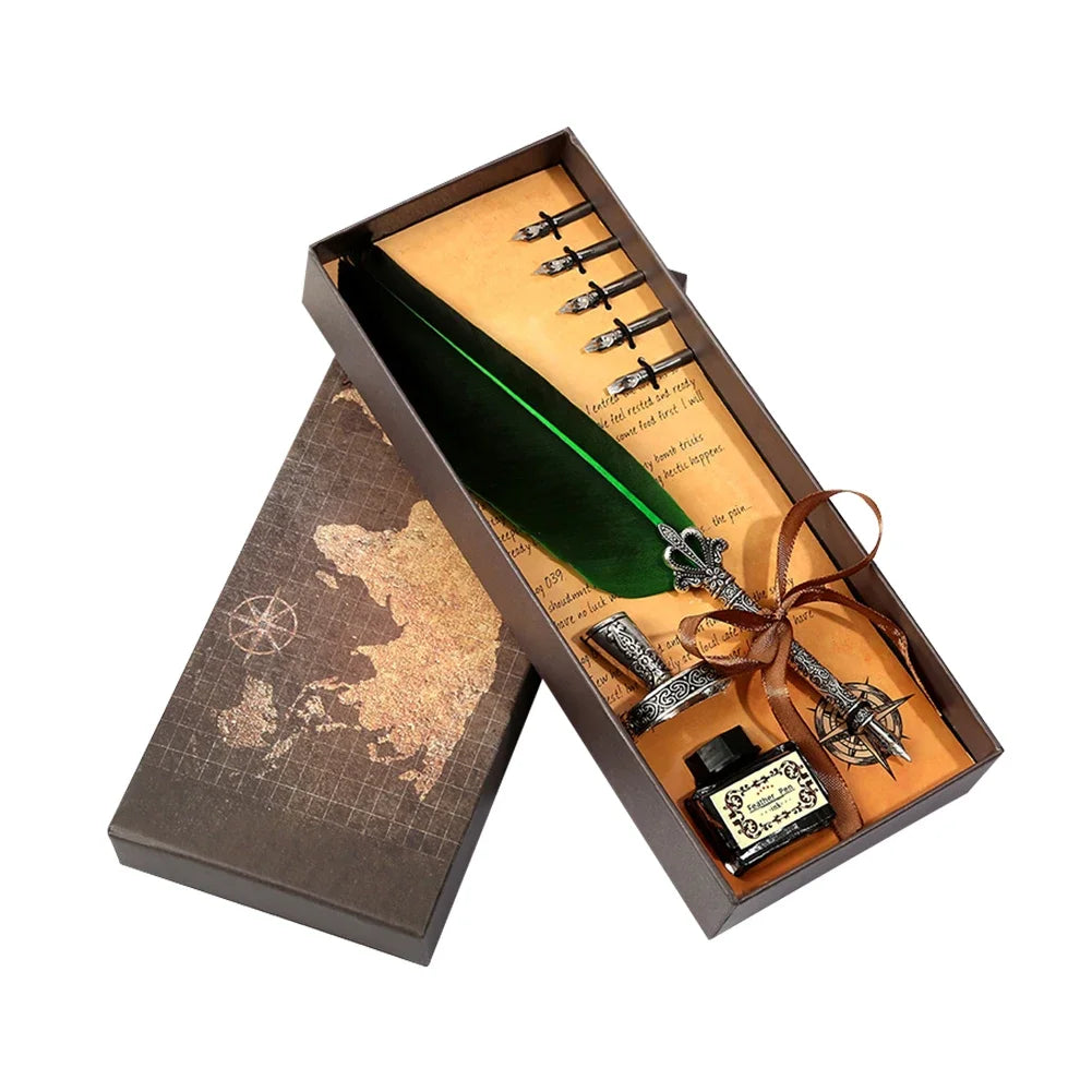 Retro Feather Dip Pen Calligraphy Set with Ink, 5 Nibs & Wax Seal Kit – Quill Writing Set for Stationery, Crafts & Gifts