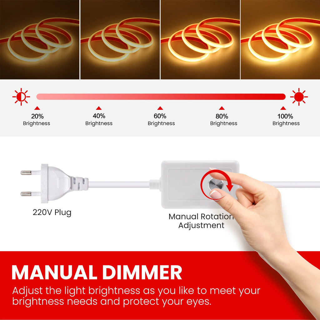 220V COB LED Strip Light 288 LEDs/m IP67 Dimmable with EU Plug & Switch - Flexible Adhesive Tape