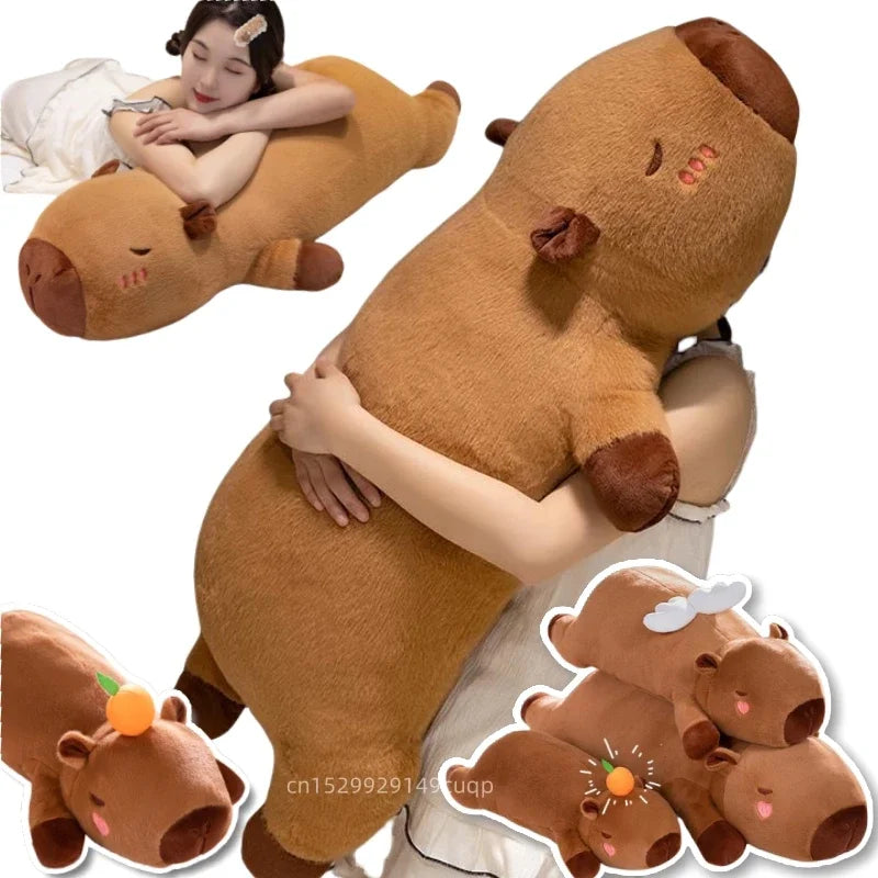 Kawaii Giant Capybara Plush Pillow – 60/80/100cm (24/32/39 in) Lying Stuffed Animal with Wings, Brown Orange Cushion for Home Decor
