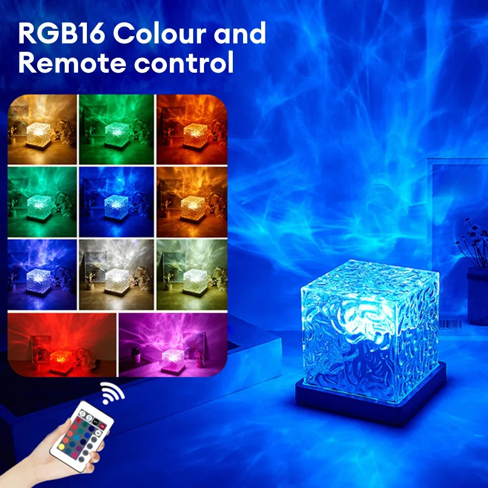 Rotating Water Ripple Night Light Projector 3 or 16 Color LED Crystal Lamp with Remote & USB for Bedroom & Living Room