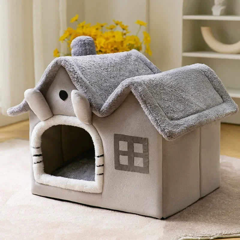 Foldable Plush Pet House Bed — Cozy Winter Dog & Cat Nest, Puppy Cave Sofa for Small & Medium Pets (S/M/L, Removable Cover)