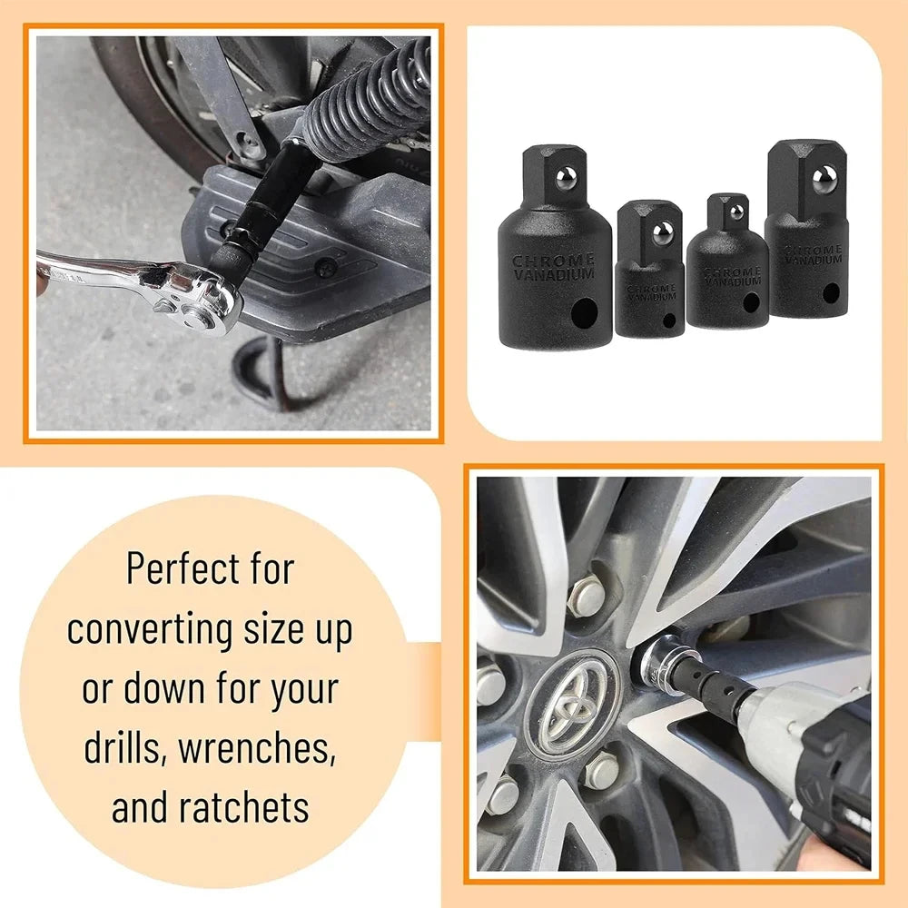 4-Piece Impact Socket Adapter Reducer Set — 1/2 in (12.7 mm), 3/8 in (9.53 mm), 1/4 in (6.35 mm) Drive Converters for Wrenches, Drills & Impact Drivers