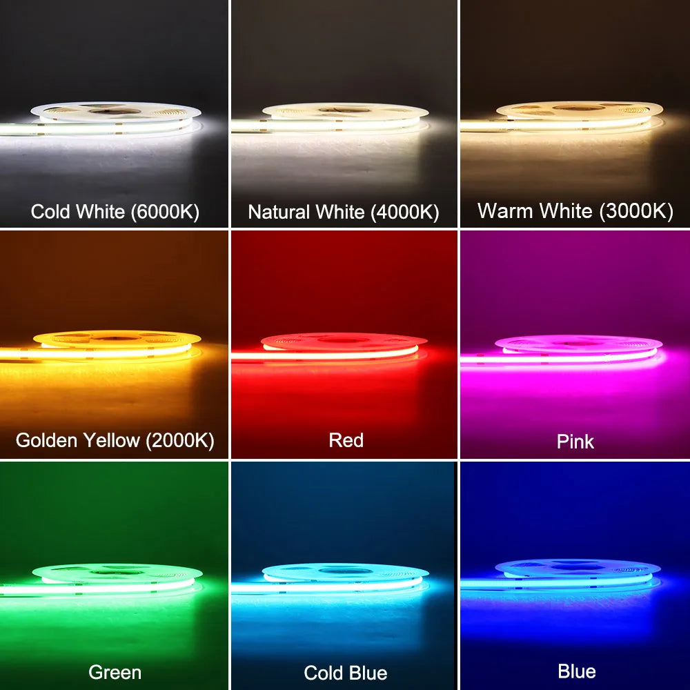 COB LED Strip Light 12V/24V — 3mm 5mm 8mm 10mm PCB Flexible Tape, High CRI >90, RGB & Warm/Cool White (3000K/4000K/6000K)