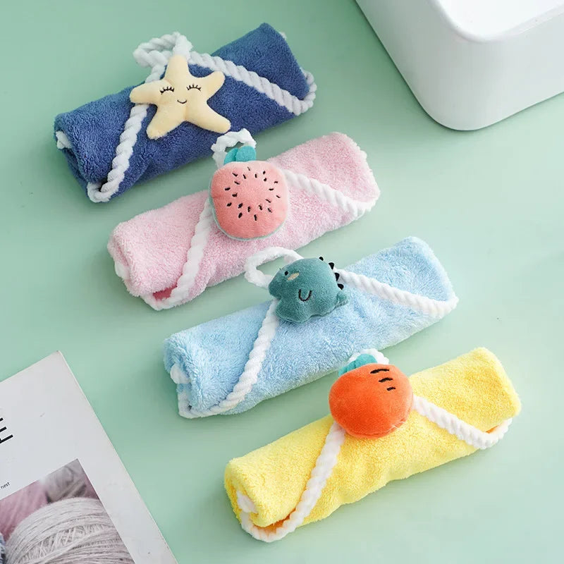 4-Pack Cartoon Kids Hanging Hand Towels - Soft Absorbent 11 x 11 in (28 x 28 cm) Washcloths for Baby, Kitchen & Bathroom