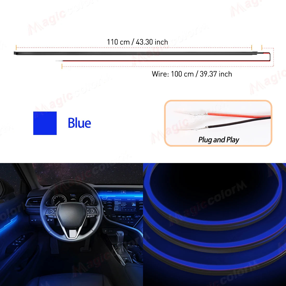 Car Interior Ambient LED Strip 110cm (43.3in), Universal DIY Flexible Cuttable Acrylic Lighting
