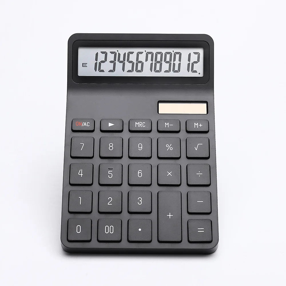 12-Digit Solar Calculator Dual Power (Solar + Coin Battery) — Portable Desktop Calculator for Office, School & Home