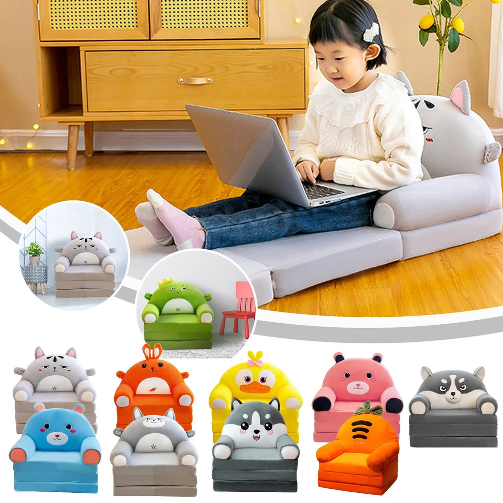 Plush Foldable Kids Sofa Bed 2-in-1 Cartoon Armchair with Removable Washable Cover