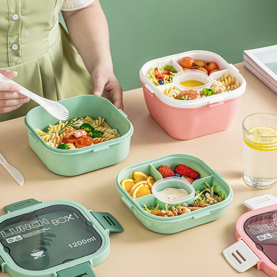 Double Stackable 50 oz (1.48 L) Lunch Box - 4-Compartment Salad Bowl with 3 oz (90 ml) Sauce Cup & Built-In Fork & Spoon