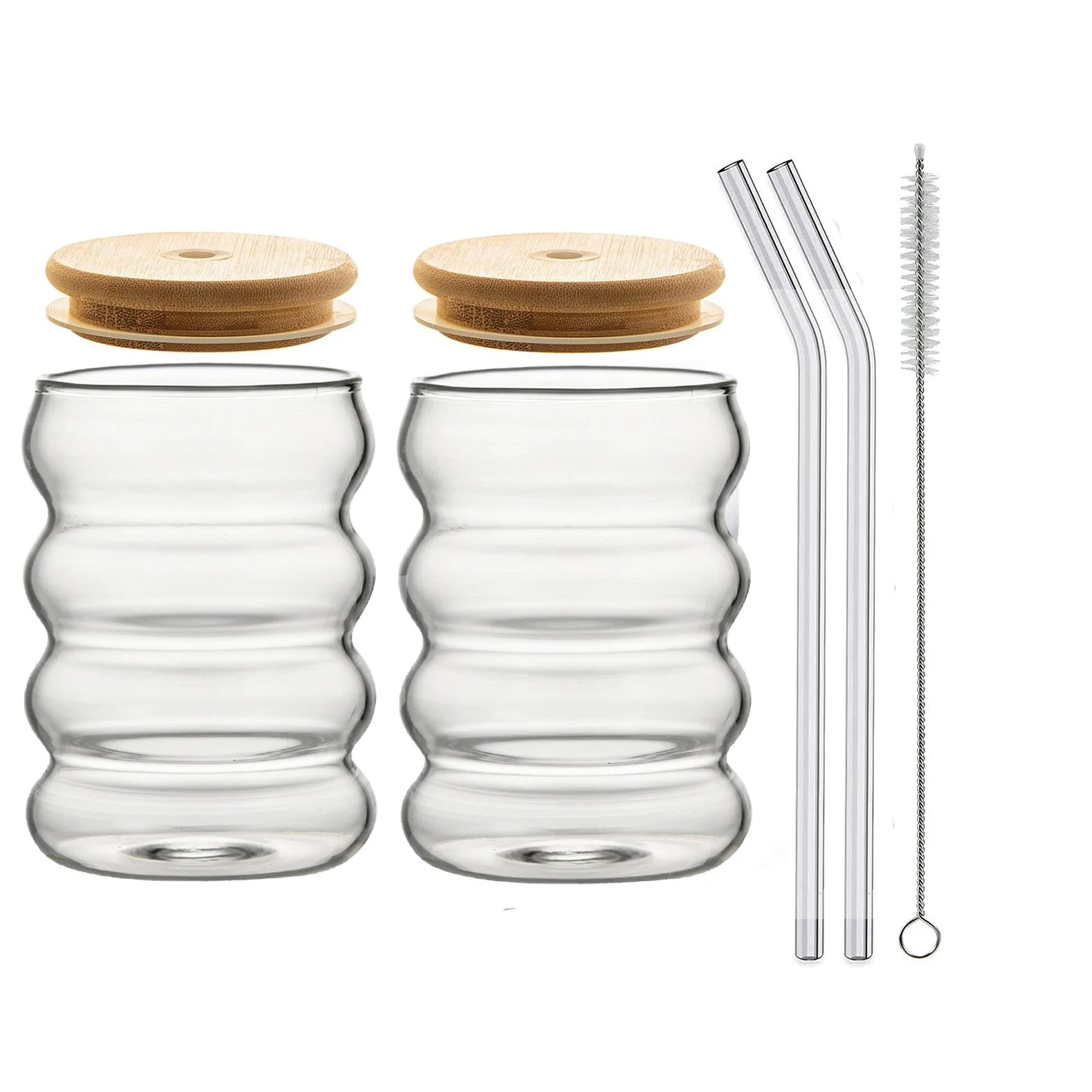 1/2/4-Pack Wave Glass Cups with Lid & Straw — 350ml (12 fl oz) Heat-Resistant Tumblers for Juice, Iced Coffee, Smoothies