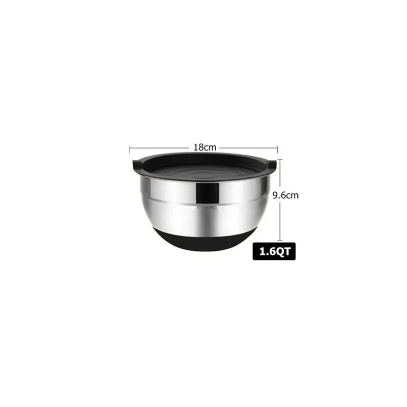 6-Piece Stainless Steel Mixing Bowls with Lids & Silicone Non-Slip Bases — Thickened Baking and Salad Bowls