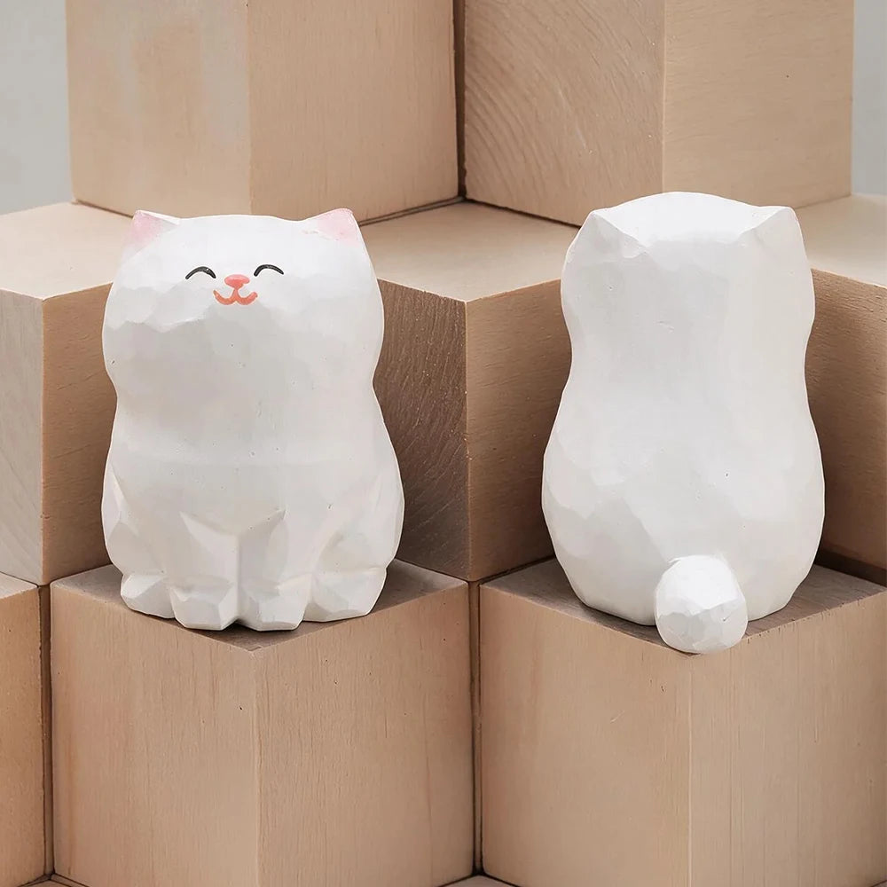 Set of 13 Hand-Carved Wooden Cat Figurines – Basswood Kitty Statues for Desk, Shelf, Car & Home Decor