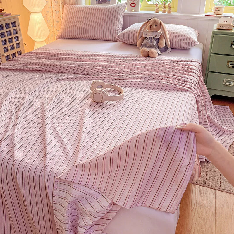 Striped Crinkle Puff Cloud-Feel Flat Sheet – Soft Breathable 100% Polyester Bedding