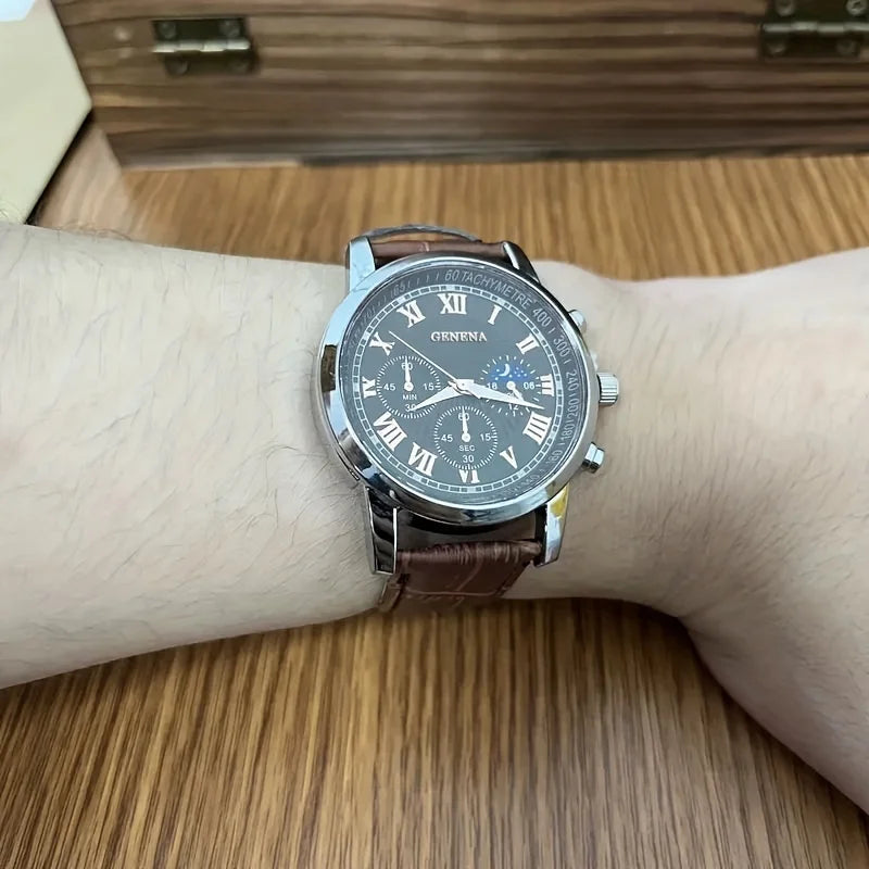Men's Quartz Leather Strap Watch - 40mm Round Alloy Case, Business Casual Sport, Water-Resistant Luminous Dial
