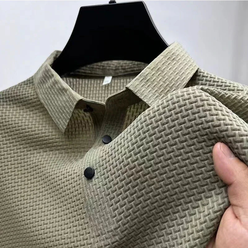 Men's Business Casual Short-Sleeve Polo Shirt – Breathable Solid Bone Flower Design