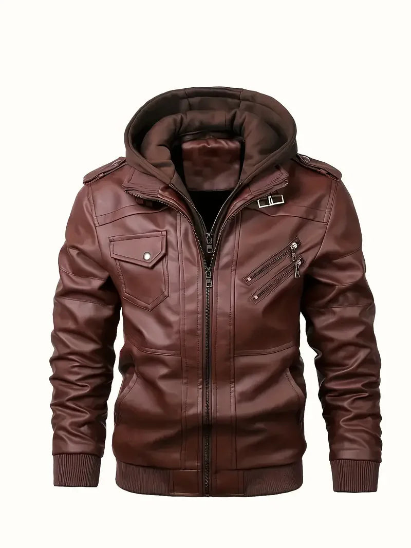 Men's Slim Fit PU Motorcycle Leather Jacket - Windproof Biker Coat with Detachable Hood & Zipper