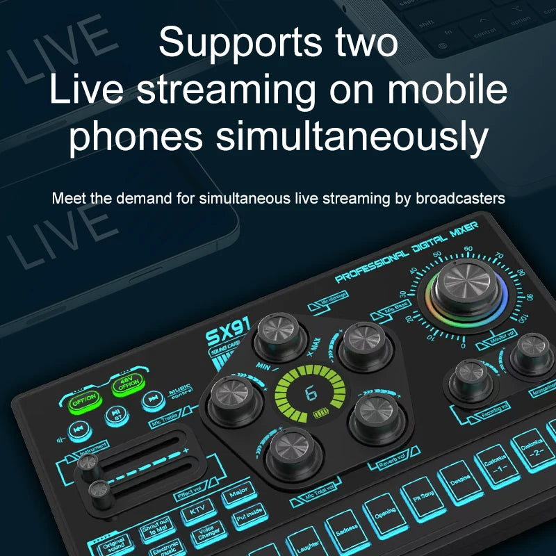 48V Audio Mixer with Voice Changer - Podcast Mixer & USB Sound Card for Phone, Gaming, Karaoke, Live Streaming