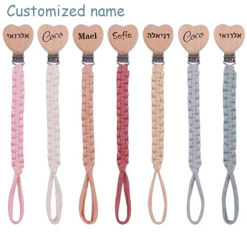 Personalized Wooden Pacifier Clip with Cloth Weave, Custom Name Baby Pacifier Chain and Teether Holder Newborn Gift