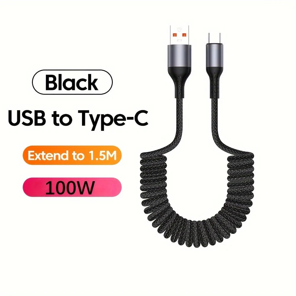 100W USB-C Coiled Car Fast Charging Cable – PD 100W Fast Charge & 60W Data Sync, USB 3.1 Type-C