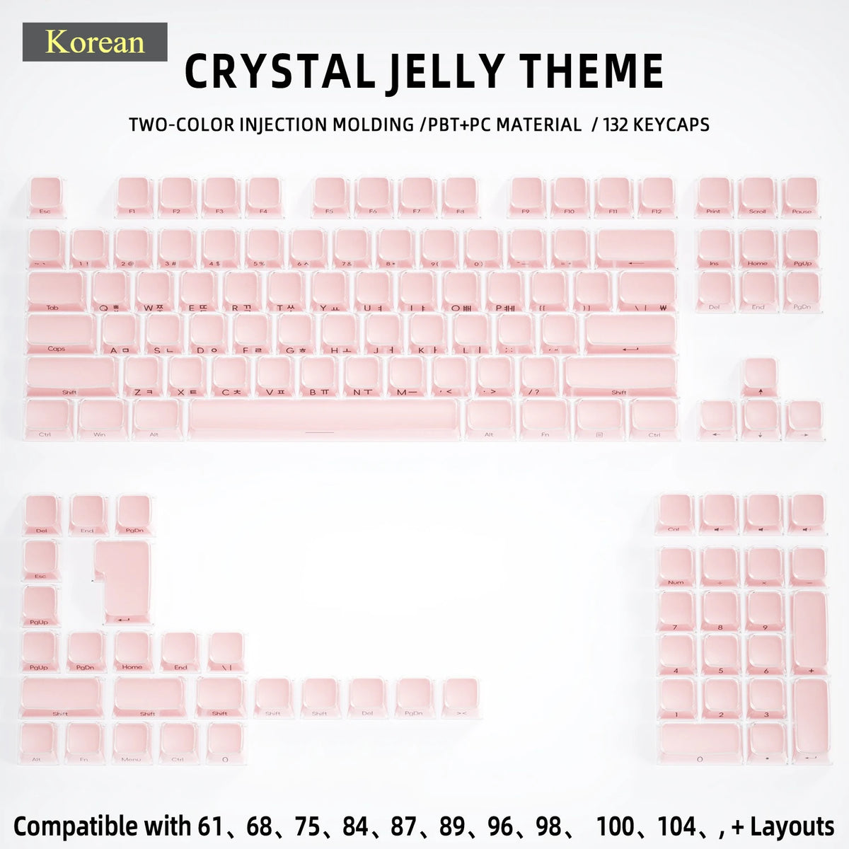 Crystal Jelly Keycap Set — Korean & English Side/Front Printed for Mechanical Keyboards | Pink, White & Blue — Fits 60%, 75%, 80%, 100% and Common Layouts