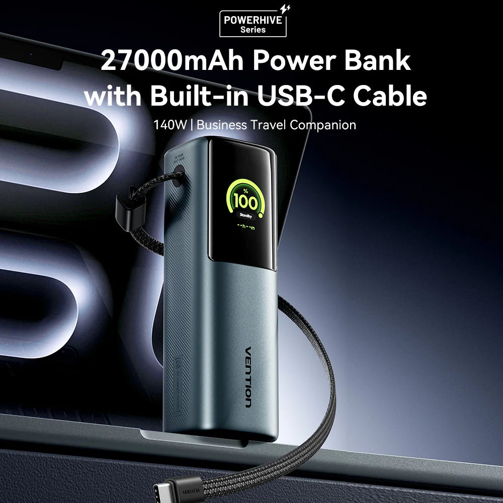 27000mAh 200W PD Power Bank with Built-In USB-C Cable, 100W Input Dual USB-C Laptop Charger