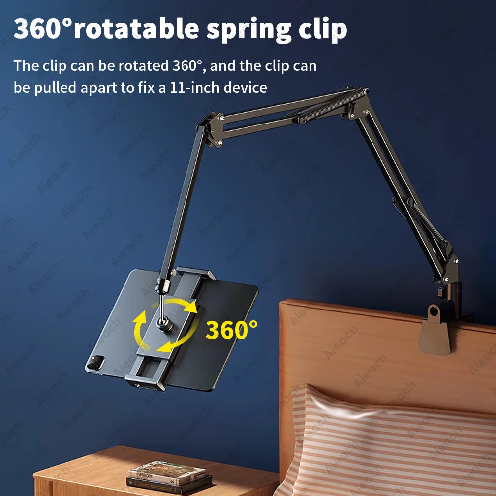 360° Rotating Tablet & Phone Stand - Aluminum Arm Desktop and Bed Mount, Fits 4–11 in (10–28 cm) Devices