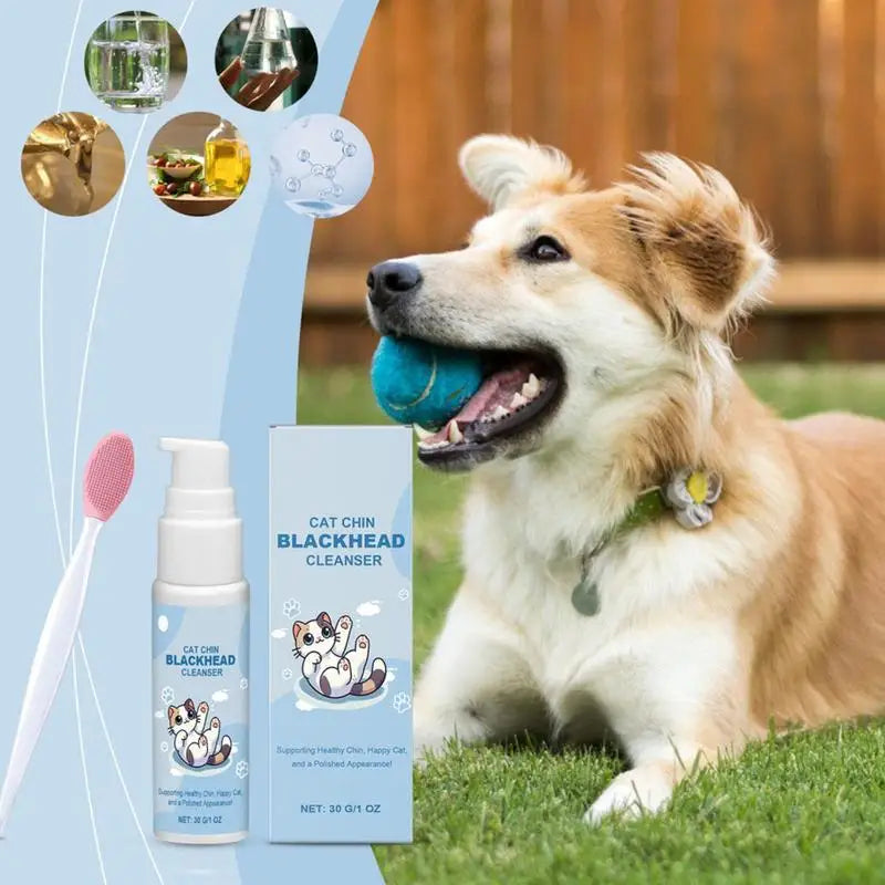 Chin Cleaner for Cats & Dogs 30g — Blackhead & Acne Cleansing Lotion with Dual-Sided Brush, Tooth Stain & Tartar Remover