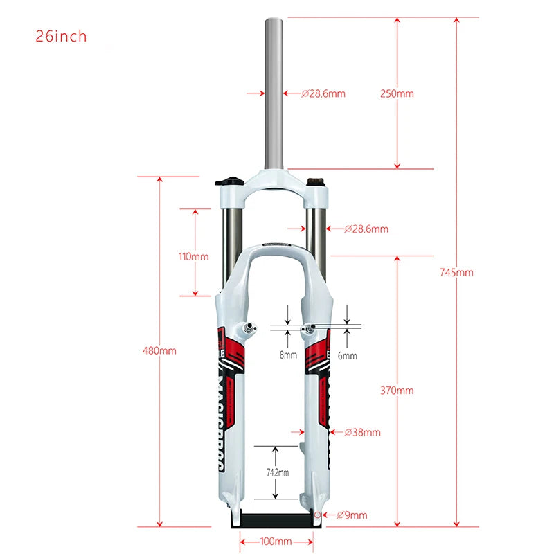 26-Inch MTB Suspension Fork — 110mm (4.3in) Travel, Disc & V-Brake Compatible, 9×100mm QR, 250mm (9.84in) Steerer
