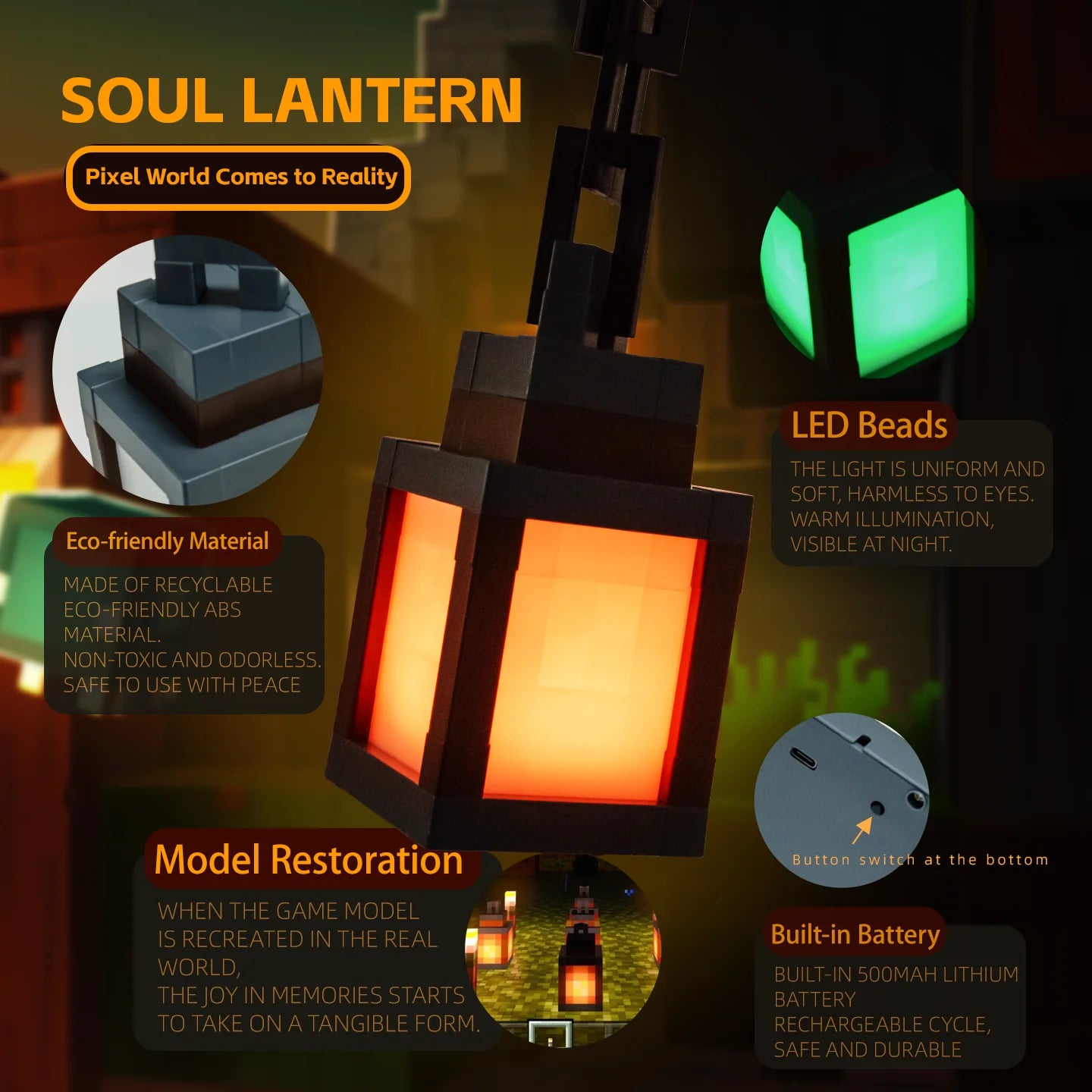 Pixel LED Night Light Portable Lantern – 16-Color Rechargeable Tabletop Lamp with Remote