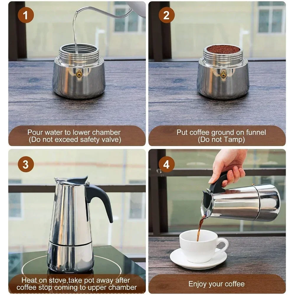 Moka Pot Stovetop Espresso Maker - 2/4/6 Cup Stainless Steel, Induction & Gas Compatible
