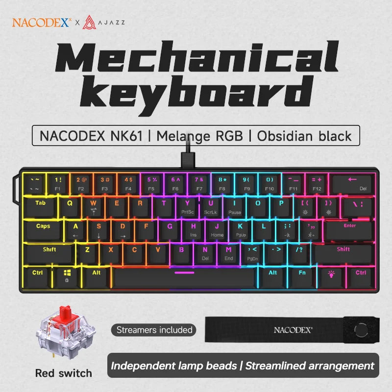 60% Mechanical Gaming Keyboard 61-Key Wired RGB Hot-Swappable Red Switch Mini Keyboard for PC