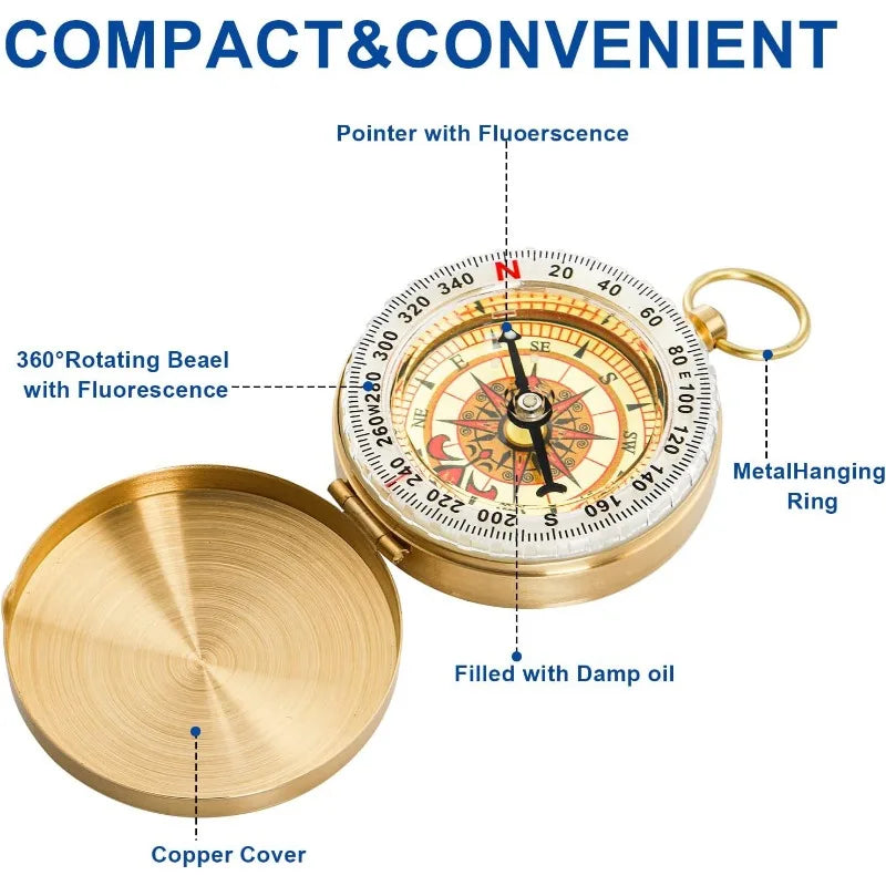 Copper Pocket Compass – Waterproof Glow-in-the-Dark Navigation Compass with Lanyard, 2 x 2 in (5 x 5 cm)