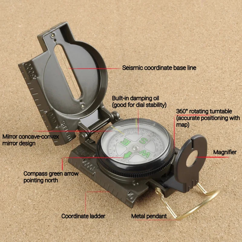 Waterproof High-Precision Tactical Sighting Compass for Hiking & Mountaineering - Metal Lensatic Navigation