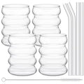 4-Piece Ribbed Borosilicate Glass Cups with Straws – Clear Drinkware Set for Coffee, Cocktails & Juice