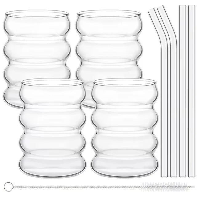 4-Piece Ribbed Borosilicate Glass Cups with Straws – Clear Drinkware Set for Coffee, Cocktails & Juice