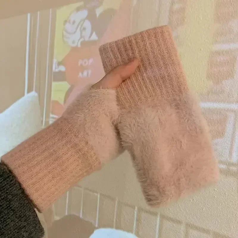 Solid Color Plush Knitted Fingerless Gloves – Warm Half-Finger Winter Gloves for Women
