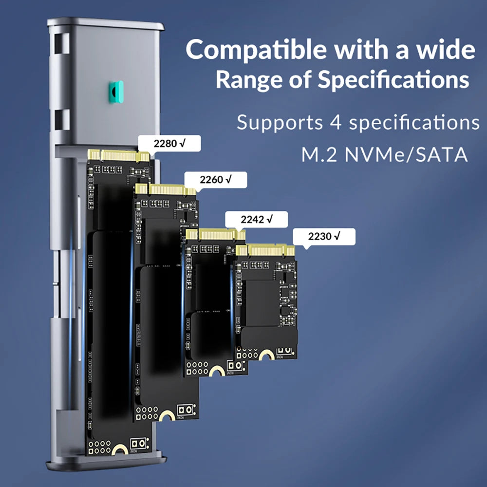 M.2 NVMe & SATA SSD Enclosure USB-C 10Gbps (USB 3.1 Gen2) Tool-Free Aluminum Case — Supports 2230/2242/2260/2280