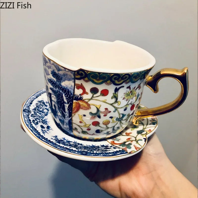 Luxury Porcelain Mug with Saucer & Tray - European Retro Afternoon Tea Coffee Cup